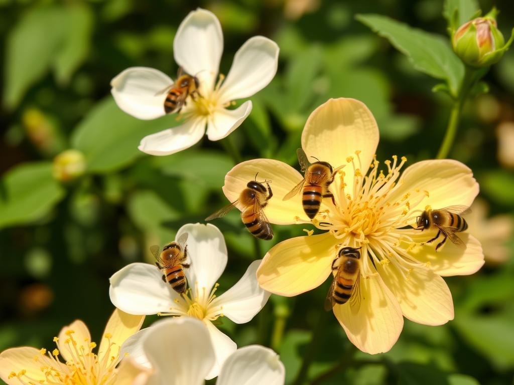 Immagine di piante mellifere fiorite con api che raccolgono nettare