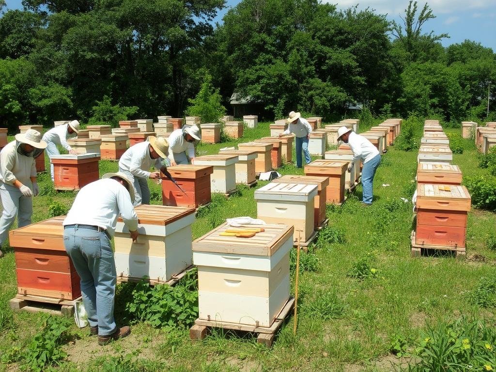 Immagine di un apiario in espansione con apicoltori al lavoro