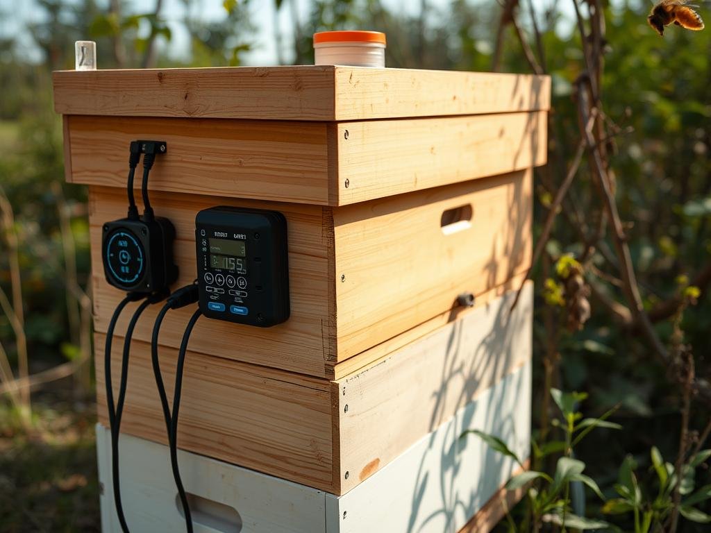 Immagine di un apiario moderno con sensori IoT