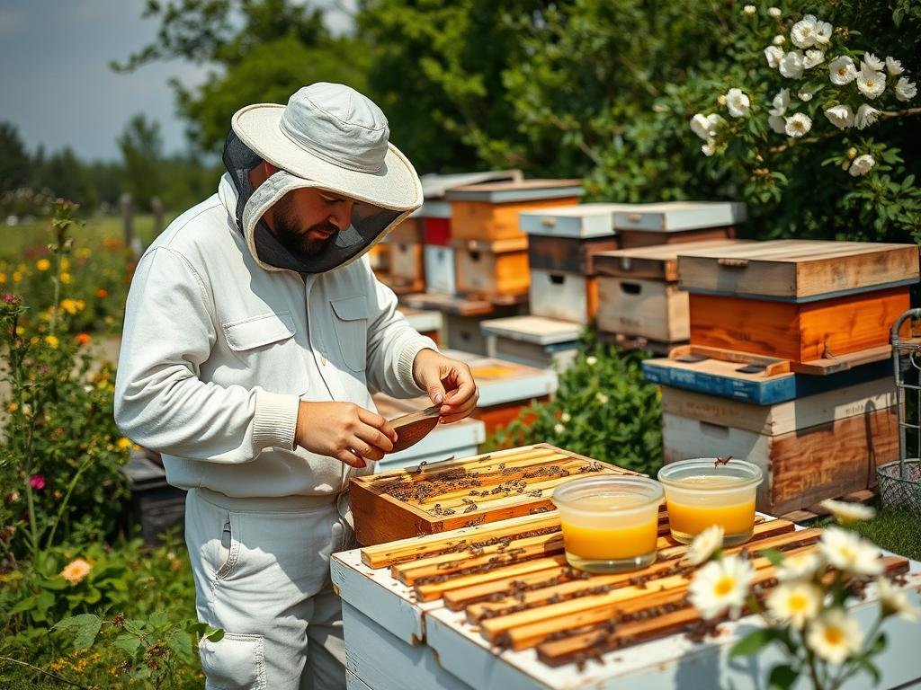 Immagine di un apicoltore che prepara nutrizioni artigianali per api