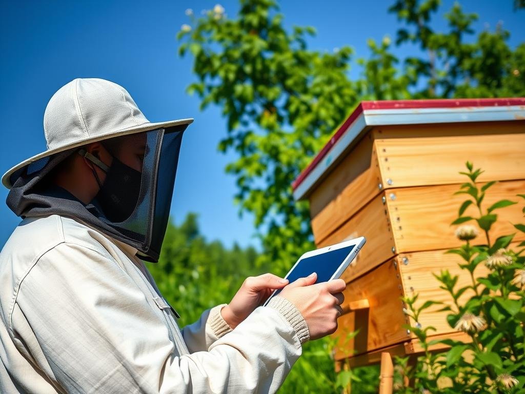 Immagine di un apicoltore che utilizza un tablet per monitorare l'apiario