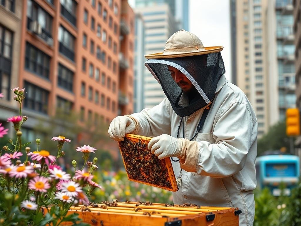 Immagine di un apicoltore urbano al lavoro