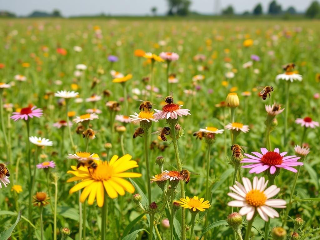 Immagine di un campo agricolo sostenibile con api e fiori