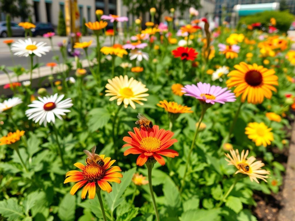 Immagine di un giardino urbano con fiori vari e api
