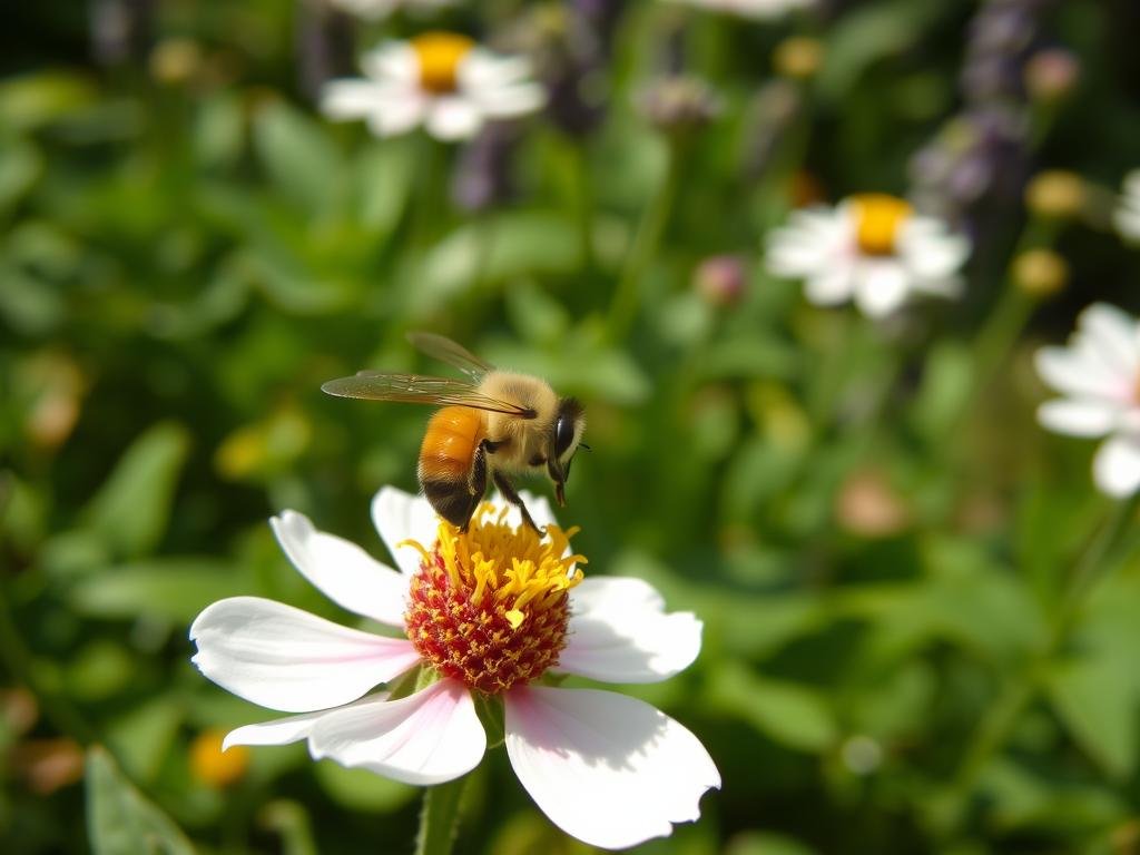 Immagine di un'ape che raccoglie nettare da un fiore in un ambiente incontaminato Immagine di un'ape che raccoglie nettare da un fiore in un ambiente incontaminato