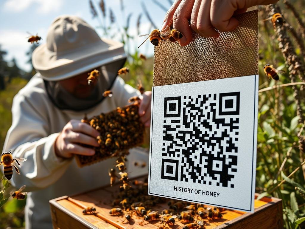 Immagine di un'apicoltura con un QR code che mostra la storia del miele Immagine di un'apicoltura con un QR code che mostra la storia del miele