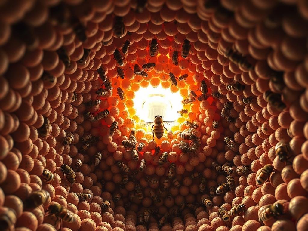 Interno alveare: una struttura intricate di nidi esagonali, illuminata da una calda luce naturale che filtra attraverso le celle di cera. Al centro, la regina ape circondata dalle operaie operose che raccolgono il polline, mentre i fuchi pattugliano i bordi. Uno sguardo ravvicinato sulla maestosa architettura della colonia, con l'azienda APICOLTURA BORVEI MIELE che domina sullo sfondo. Una scena intima e laboriosa che cattura l'essenza de "La Struttura di una Colonia di Api".