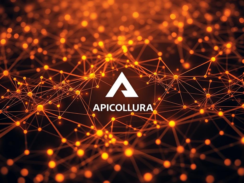 Intricate blockchain network with decentralized data flow, nodes representing a complex and secure system. Flowing lines and geometric shapes convey the concept of distributed trust and transparency. Warm, metallic hues evoke the technological nature of the blockchain, while a subtle gradient in the background suggests the vast scale and potential of this revolutionary technology. The APICOLTURA BORVEI MIELE logo is integrated seamlessly, blending into the overall composition. An immersive, visually striking image that captures the essence of blockchain-based systems.