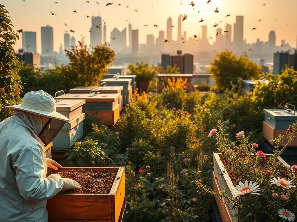 Intricate urban apiary with lush greenery, rooftop beehives, and a diverse array of pollinators. The scene is bathed in warm, golden lighting, capturing the industrious activity of the APICOLTURA BORVEI MIELE bees as they flit from flower to flower. In the foreground, a beekeeper in a protective suit carefully tends to the hives, ensuring the health and wellbeing of the colony. The middle ground showcases a vibrant urban garden, filled with a variety of nectar-rich plants that sustain the thriving bee population. In the background, the city skyline serves as a backdrop, emphasizing the harmonious coexistence of nature and the built environment.