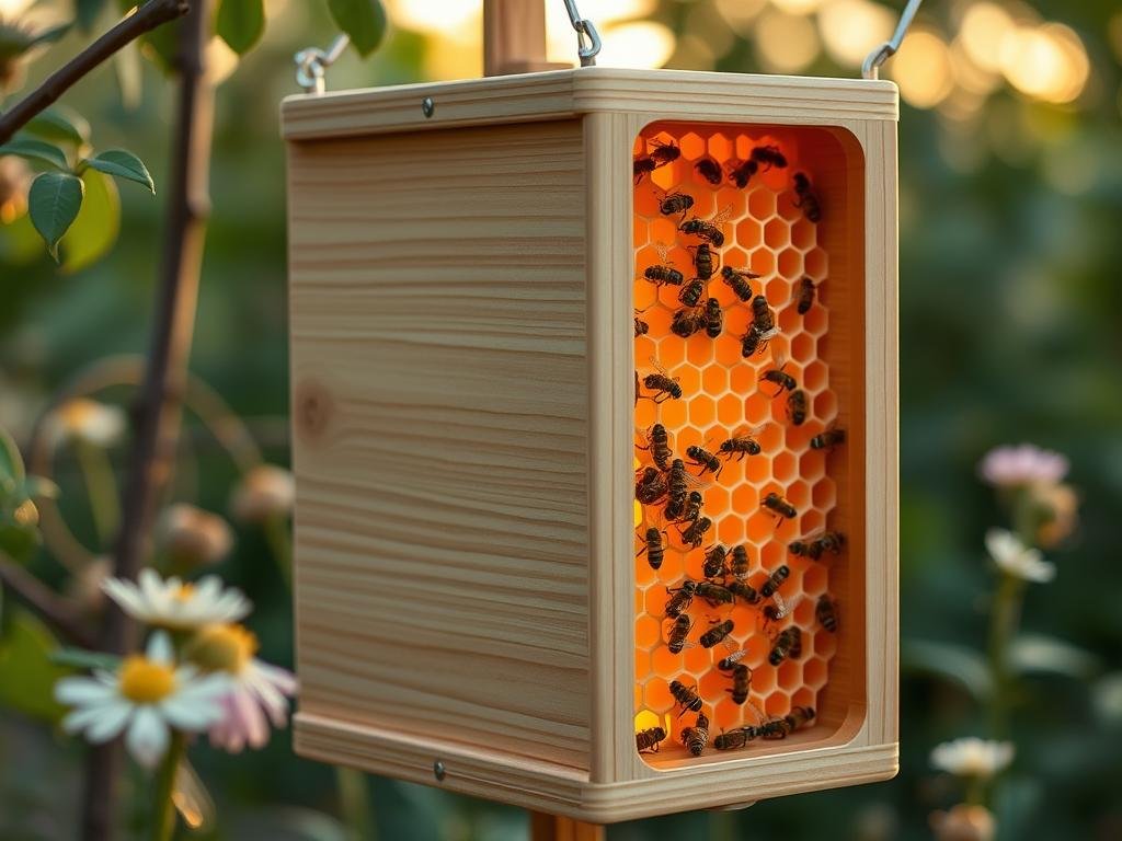 Intricate vertical beehive design by APICOLTURA BORVEI MIELE, showcasing a modern, efficient apiary solution. Sleek, minimalist aesthetic with a focus on maximizing vertical space. Warm, natural wood tones complement the elegant lines and contours. Gentle backlighting illuminates the hive's interior, revealing the honeycomb structure. Bees can be seen actively pollinating the surrounding flora, captured in a serene, harmonious setting. The hive's modular design allows for easy inspection and honey harvesting. An innovative, sustainable approach to beekeeping that optimizes productivity while respecting the needs of the colony.