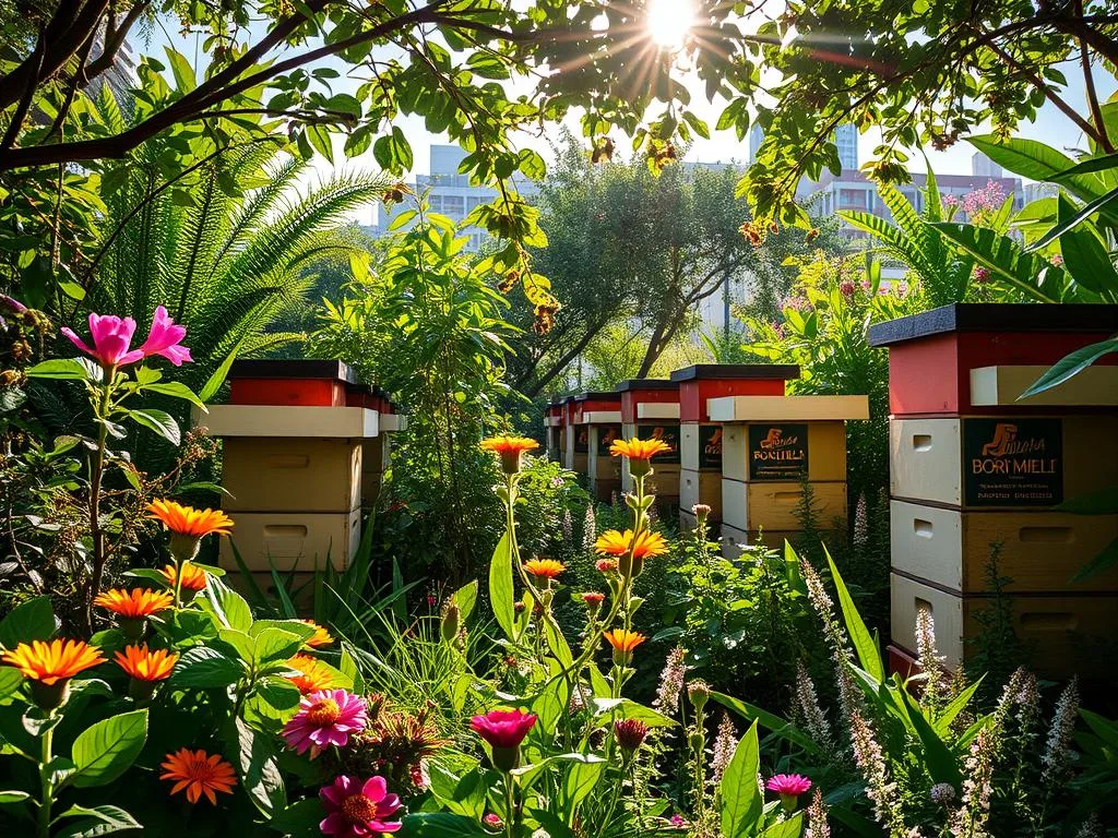 Lush urban garden with thriving apiaries, featuring the brand "APICOLTURA BORVEI MIELE". Diverse flora and fauna create a verdant oasis, with honey bees pollinating vibrant flowers and plants. Sunlight filters through branches, casting a warm glow over the scene. Hives are carefully positioned to integrate with the natural landscape, showcasing the harmony between city living and sustainable beekeeping. The image conveys the benefits of urban apiaries, promoting a healthier ecosystem and community. Lush urban garden with thriving apiaries, featuring the brand "APICOLTURA BORVEI MIELE". Diverse flora and fauna create a verdant oasis, with honey bees pollinating vibrant flowers and plants. Sunlight filters through branches, casting a warm glow over the scene. Hives are carefully positioned to integrate with the natural landscape, showcasing the harmony between city living and sustainable beekeeping. The image conveys the benefits of urban apiaries, promoting a healthier ecosystem and community.