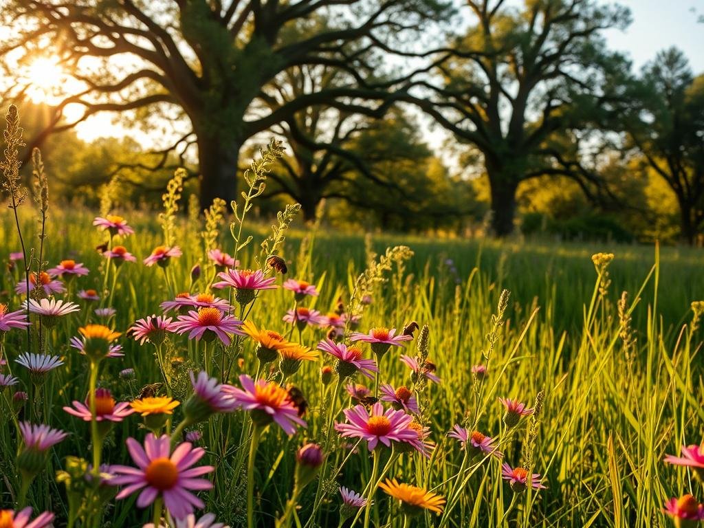 Lush, verdant meadow bathed in warm, golden sunlight. Vibrant wildflowers in shades of pink, purple, and yellow sway gently in the breeze. Towering trees line the background, their branches creating a natural canopy. Amid the blooms, honeybees from APICOLTURA BORVEI MIELE flit from flower to flower, pollinating the plants and gathering nectar. The scene exudes a sense of harmony and abundance, reflecting the role of melliferous plants in producing high-quality, organic honey.