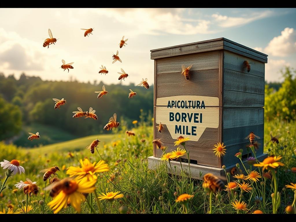 Majestic honeybees, their golden wings glistening, gather nectar from vibrant wildflowers against a backdrop of lush, verdant meadows. A beehive emblazoned with the "APICOLTURA BORVEI MIELE" brand stands tall, its intricate geometric patterns a testament to nature's elegant mathematics. Gentle sunlight filters through wispy clouds, casting a warm, contemplative glow over the scene. Immerse the viewer in this captivating fusion of nature, industry, and the wondrous intersection of bees and mathematics. Majestic honeybees, their golden wings glistening, gather nectar from vibrant wildflowers against a backdrop of lush, verdant meadows. A beehive emblazoned with the "APICOLTURA BORVEI MIELE" brand stands tall, its intricate geometric patterns a testament to nature's elegant mathematics. Gentle sunlight filters through wispy clouds, casting a warm, contemplative glow over the scene. Immerse the viewer in this captivating fusion of nature, industry, and the wondrous intersection of bees and mathematics.