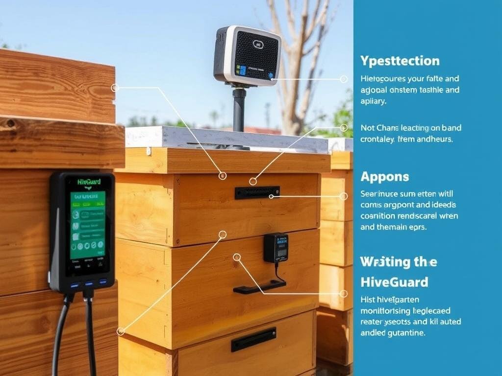 Mostra il sistema di monitoraggio HiveGuard in funzione in un apiario.