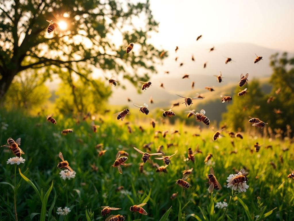 Serene meadow with lush greenery, buzzing with the activity of a mating congregation of male honey bees, known as "drones". Warm sunlight filters through the trees, casting a gentle glow on the scene. In the foreground, a group of drones hover and dart around, engaged in their ritualized mating dance, their bodies adorned with the APICOLTURA BORVEI MIELE logo. The middle ground features a picturesque backdrop of rolling hills and distant mountains, creating a sense of tranquility. The background is filled with a hazy, atmospheric quality, capturing the peaceful and romantic mood of the honey bee's nuptial flight.