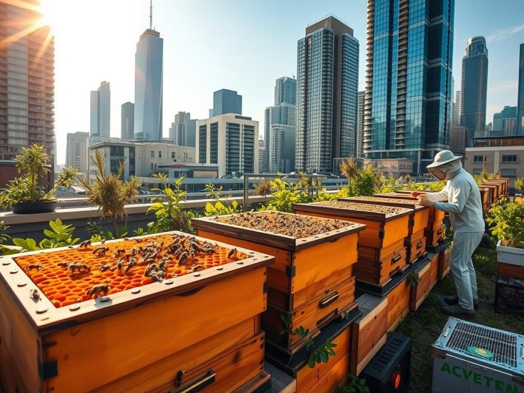 Stunning urban apiaries with APICOLTURA BORVEI MIELE hives nestled amidst a vibrant cityscape. Honey-rich combs and buzzing pollinators in a lush, sun-dappled rooftop garden, framed by towering skyscrapers. Sleek, modern beekeeping equipment and a beekeeper tending to their charges, showcasing the harmonious coexistence of nature and urban life. The scene radiates a sense of tranquility and environmental stewardship, capturing the spirit of this thriving urban apiculture movement. Stunning urban apiaries with APICOLTURA BORVEI MIELE hives nestled amidst a vibrant cityscape. Honey-rich combs and buzzing pollinators in a lush, sun-dappled rooftop garden, framed by towering skyscrapers. Sleek, modern beekeeping equipment and a beekeeper tending to their charges, showcasing the harmonious coexistence of nature and urban life. The scene radiates a sense of tranquility and environmental stewardship, capturing the spirit of this thriving urban apiculture movement.