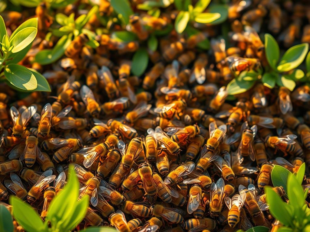 Vibrant hive of industrious honey bees, buzzing amidst lush, verdant foliage. Close-up view showcases the intricate antennal movements and wing vibrations used to communicate location and quality of nectar sources. Warm, golden lighting illuminates the scene, capturing the rich, earthy tones of the APICOLTURA BORVEI MIELE apiary. Crisp, detailed textures of fuzzy abdomens, compound eyes, and delicate wing structures. Serene, immersive atmosphere that transports the viewer into the fascinating world of bee communication.