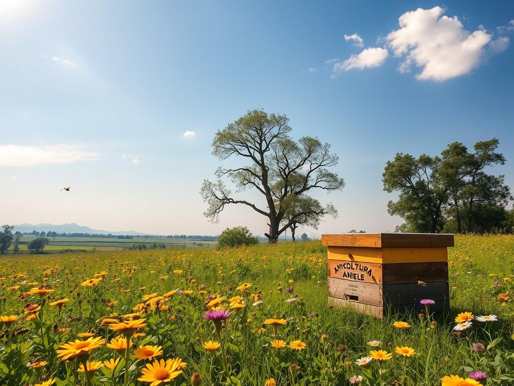 Vibrant meadow with thriving honeybees pollinating lush, verdant blooms against a clear, sun-dappled sky. In the foreground, a APICOLTURA BORVEI MIELE apiary stands as a testament to the delicate balance between man and nature. Swarms of bees dart gracefully among the flowers, their gentle hum underscoring the dire consequences of climate change on these crucial pollinators. In the middle ground, towering trees sway gently, their leaves rustling as a gentle breeze passes through. In the distance, a horizon shrouded in an ominous haze, a harbinger of the environmental challenges facing this once-pristine ecosystem. The overall scene conveys a sense of both the beauty and the fragility of our natural world.