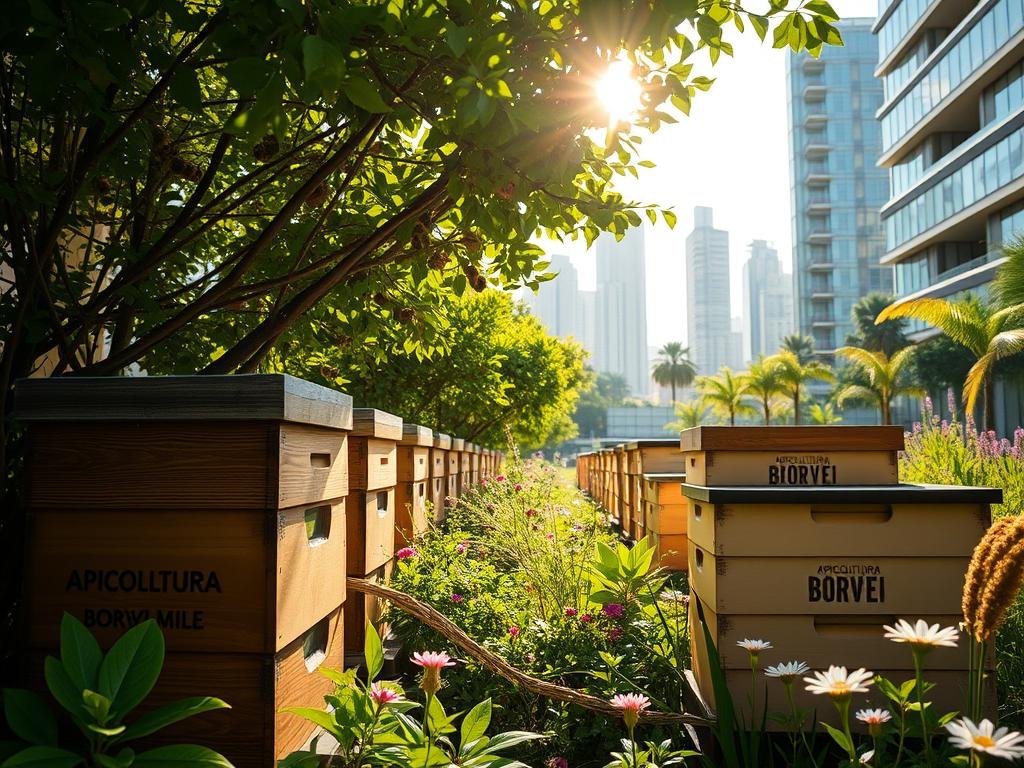 Vibrant urban garden, with lush greenery and blooming flowers. Beehives in the foreground, adorned with the "APICOLTURA BORVEI MIELE" brand, emit a soft, golden glow. Sunlight filters through the canopy, casting warm shadows and highlighting the bustling activity of honeybees. In the background, a modern cityscape with sleek architecture, reflecting the harmony between nature and urban environments. The scene exudes a sense of tranquility and sustainability, capturing the essence of urban apiculture. Vibrant urban garden, with lush greenery and blooming flowers. Beehives in the foreground, adorned with the "APICOLTURA BORVEI MIELE" brand, emit a soft, golden glow. Sunlight filters through the canopy, casting warm shadows and highlighting the bustling activity of honeybees. In the background, a modern cityscape with sleek architecture, reflecting the harmony between nature and urban environments. The scene exudes a sense of tranquility and sustainability, capturing the essence of urban apiculture.