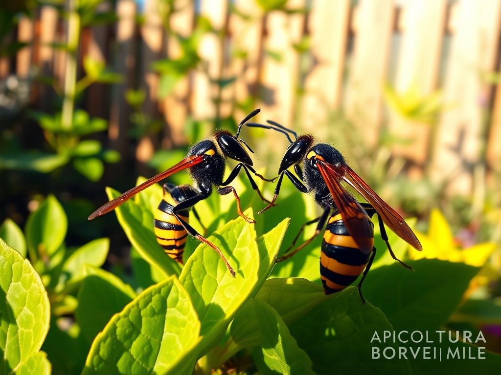 Vivid closeup of a European Wasp (Vespa crabro) and a European Hornet (Vespa velutina), perched on vibrant green leaves in a lush, sun-dappled garden. The insects are shown in intricate detail, their striking black and yellow striped abdomens contrasting against the verdant foliage. Soft, warm lighting from the side casts dramatic shadows, heightening the natural patterns and textures. In the background, a blurred view of a wooden fence and other vegetation, creating a sense of depth and natural setting. The overall mood is one of cautious observation, highlighting the need to be aware of these common pests found around the home. Includes the text "APICOLTURA BORVEI MIELE" discreetly placed in the corner.
