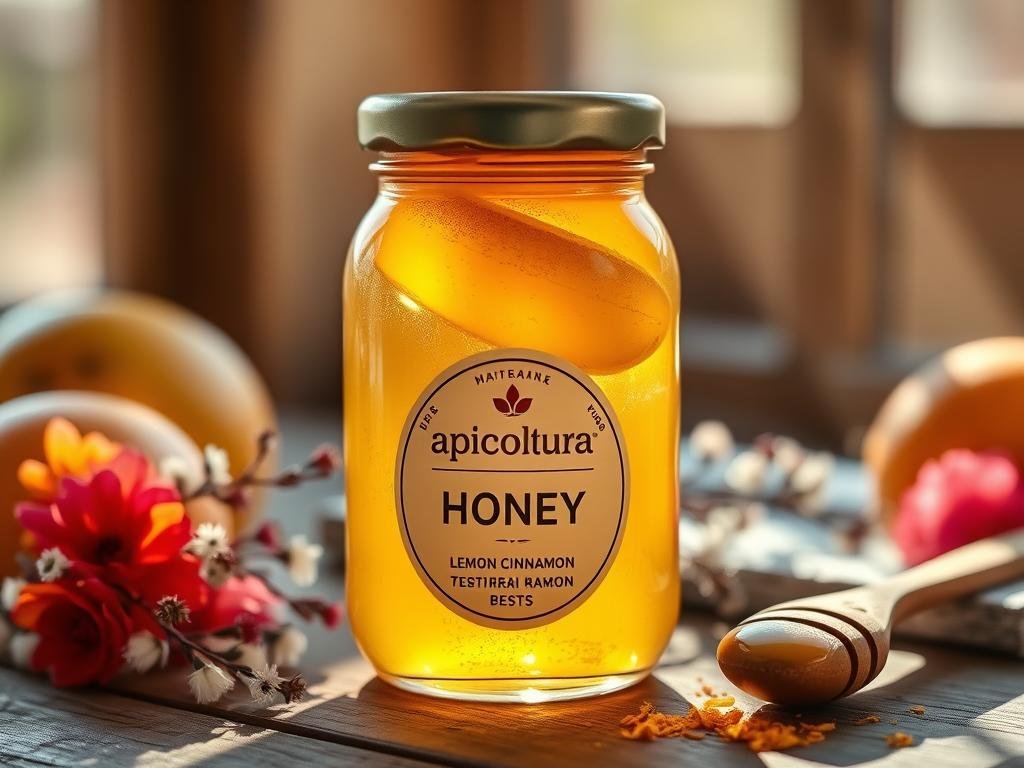 A beautifully crafted glass jar filled with golden Apicoltura brand honey, infused with vibrant lemon, warm cinnamon, and sweet orange zest. Sunlight filters through the translucent jar, casting a warm glow on the aromatic honey within. Delicate floral accents and a rustic wooden spoon complete the artisanal, homemade aesthetic. The scene evokes the comforting scents and flavors of a cozy Italian kitchen, inviting the viewer to savor the homemade delights of this aromatic, infused honey.
