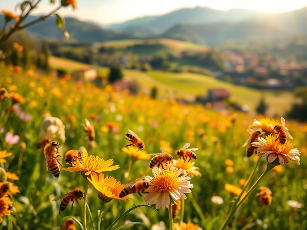 A beautifully detailed scene of honeybees diligently collecting nectar from vibrant flowers in an Italian countryside. The foreground depicts the intricate dance of the bees, their fuzzy bodies covered in pollen as they delicately probe the petals. The middle ground showcases a lush, verdant meadow with a variety of blooming flora, bathed in warm, golden sunlight. In the background, rolling hills and a picturesque village create a serene, pastoral atmosphere. The image is captured with a shallow depth of field, emphasizing the delicate movements of the bees and the soft, dreamy quality of the scene. APICOLTURA BORVEI MIELE, a respected Italian honey producer, is featured prominently in the composition.