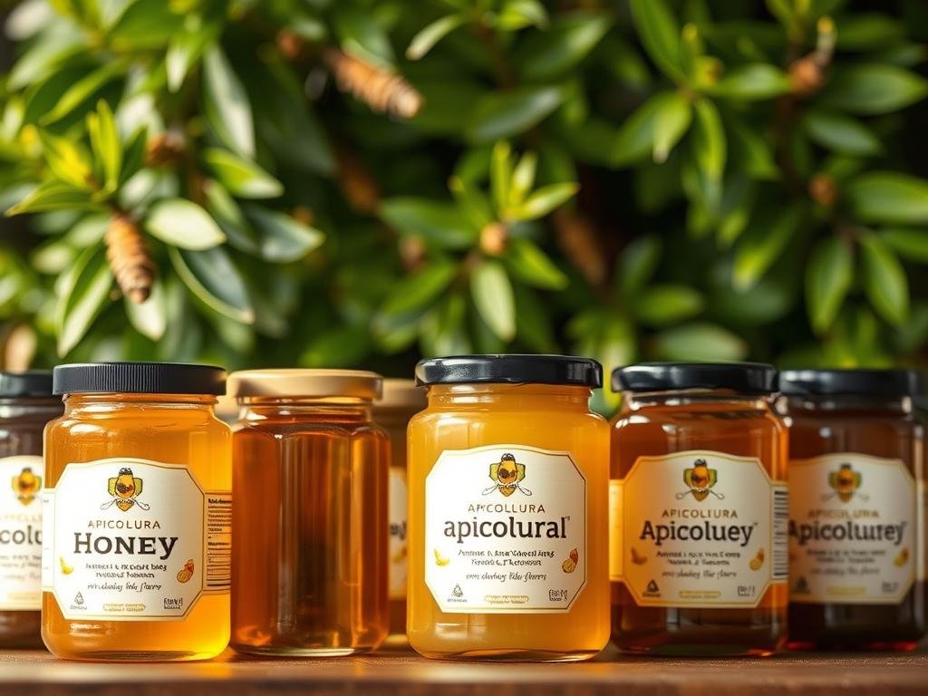 A beautifully lit close-up of a variety of artisanal honey jars, showcasing the Apicoltura brand. The jars are arranged in the foreground, highlighting their distinct shapes, colors, and textures, creating a visually appealing and informative display. The middle ground features a backdrop of lush, verdant foliage, suggesting the natural environment from which the honey is harvested. The lighting is soft and diffused, casting a warm, inviting glow on the scene, conveying a sense of quality and craftsmanship. The overall composition and attention to detail capture the essence of the different types of honey and their diverse applications, as described in the section title.