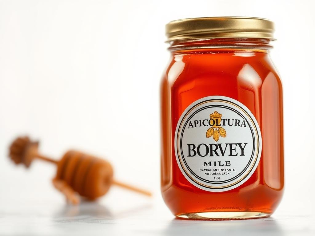 A beautifully lit, close-up photograph of a glass jar filled with amber-colored honey, showcasing the natural antioxidants present in this nutritious liquid. The jar bears the label "APICOLTURA BORVEI MIELE", highlighting the high-quality origin of the product. The background is a soft, diffused light, allowing the jar to take center stage and emphasize the rich, warm tones of the honey. The composition is carefully balanced, with the jar positioned at a slight angle to create visual interest. The overall mood is one of rustic elegance, reflecting the natural goodness and health benefits of this Italian honey.