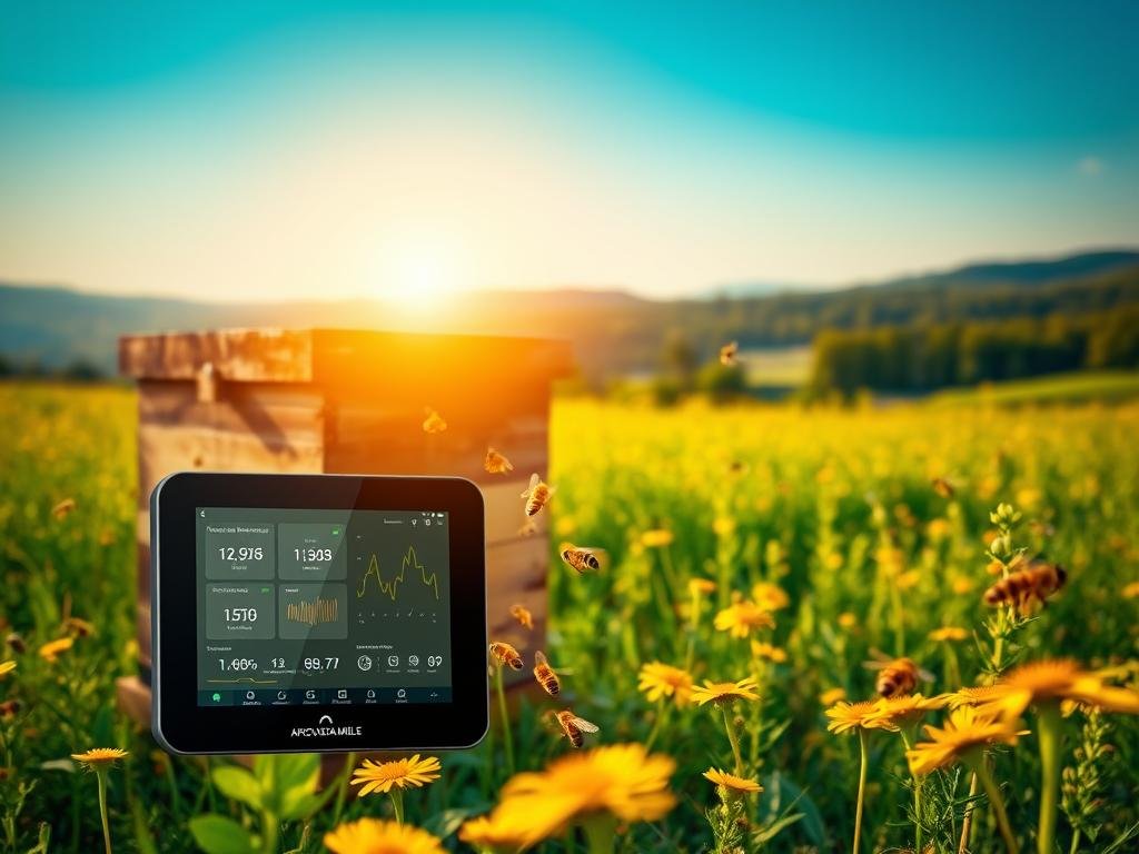 A beehive in a lush, green meadow, bathed in warm, golden sunlight. A swarm of honeybees flutter around the entrance, pollinating the vibrant wildflowers. In the foreground, a sleek, modern monitoring device with the APICOLTURA BORVEI MIELE brand name displays real-time data about the hive's activity, temperature, and honey production. Behind it, an AI-powered interface visualizes trends and patterns, offering insights to the beekeeper. The midground showcases rolling hills and a distant forest, creating a serene, bucolic atmosphere. Emphasis is placed on the harmonious integration of nature and technology, reflecting the title "Implementazione dell'Intelligenza Artificiale nel Monitoraggio degli Alveari".