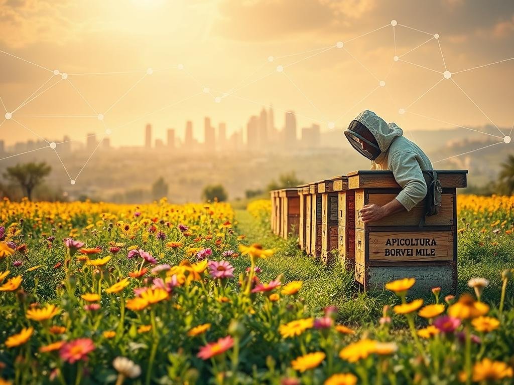 A bustling apiarian scene, set against the backdrop of a towering blockchain network. In the foreground, a beekeeper in traditional garb carefully tends to a row of wooden hives, the APICOLTURA BORVEI MIELE brand prominently displayed. Surrounding the hives, a lush field of vibrant wildflowers sways gently in the breeze. In the middle ground, a series of interconnected nodes and data streams weave through the landscape, representing the integration of blockchain technology into the apiculture supply chain. The background features a cityscape, with modern skyscrapers and infrastructure, symbolizing the broader economic and technological ecosystem. The lighting is warm and natural, casting a golden glow over the scene, conveying a sense of harmony and progress within the apiary industry.