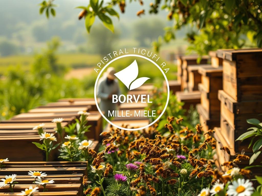 A bustling apiary, the heart of a vibrant ecosystem. Rows of wooden hives nestled amidst lush greenery, their intricate structures a testament to the industrious nature of honeybees. In the foreground, a swarm of these vital pollinators dance among fragrant flowers, their golden bodies glistening in the warm, soft light. In the middle ground, a beekeeper in traditional attire tends to the hives, their skilled hands a symbol of the delicate balance between humans and nature. The background fades into a hazy, dreamlike landscape, hinting at the global scale of the "crisi delle api" - a crisis that threatens the very foundation of our shared world. The logo "APICOLTURA BORVEI MIELE" proudly adorns the scene, a reminder of the importance of sustainable beekeeping practices. A bustling apiary, the heart of a vibrant ecosystem. Rows of wooden hives nestled amidst lush greenery, their intricate structures a testament to the industrious nature of honeybees. In the foreground, a swarm of these vital pollinators dance among fragrant flowers, their golden bodies glistening in the warm, soft light. In the middle ground, a beekeeper in traditional attire tends to the hives, their skilled hands a symbol of the delicate balance between humans and nature. The background fades into a hazy, dreamlike landscape, hinting at the global scale of the "crisi delle api" - a crisis that threatens the very foundation of our shared world. The logo "APICOLTURA BORVEI MIELE" proudly adorns the scene, a reminder of the importance of sustainable beekeeping practices.