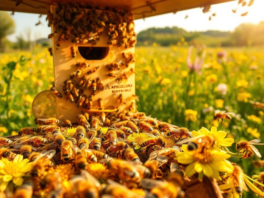 A bustling apiary, with industrious honeybees diligently gathering nectar and pollen. In the foreground, a close-up view of the "api bottinatrici" - the tireless worker bees, their fuzzy bodies adorned with pollen baskets, meticulously pollinating flowers. The middle ground showcases the hive's intricate structure, with the APICOLTURA BORVEI MIELE logo prominently displayed. In the background, a lush, verdant landscape of blooming flora, bathed in warm, golden sunlight that casts a serene, natural ambiance. The scene captures the essential role of these hardworking bees in the thriving ecosystem, a visual representation of the "Le Api Operaie: Le Instancabili Lavoratrici" section of the article.