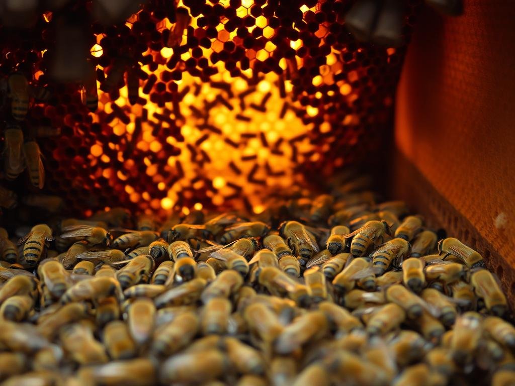 A bustling hive interior, illuminated by soft, warm lighting. In the foreground, a colony of Apicoltura honeybees diligently tending to their honeycomb, their fuzzy bodies and translucent wings a harmonious blur of activity. The middle ground reveals the intricate architecture of the hive, with hexagonal cells and supporting structures, while the background showcases the serene, organic textures of the hive walls. The scene conveys a sense of industrious tranquility, reflecting the delicate balance and resilience of the hive's ecosystem. A bustling hive interior, illuminated by soft, warm lighting. In the foreground, a colony of Apicoltura honeybees diligently tending to their honeycomb, their fuzzy bodies and translucent wings a harmonious blur of activity. The middle ground reveals the intricate architecture of the hive, with hexagonal cells and supporting structures, while the background showcases the serene, organic textures of the hive walls. The scene conveys a sense of industrious tranquility, reflecting the delicate balance and resilience of the hive's ecosystem.