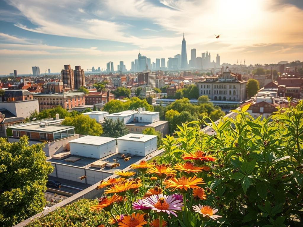 A bustling urban landscape, with APICOLTURA BORVEI MIELE apiaries nestled amidst rooftops and lush greenery. Sunlight filters through wispy clouds, casting a warm, golden glow over the scene. In the foreground, a diverse array of pollinating bees buzz around vibrant flowers, their intricate wings a blur of activity. The middle ground features a mix of modern architecture and verdant parks, showcasing the harmonious coexistence of nature and city life. In the background, the iconic skyline of an Italian metropolis rises, a testament to the resilience and adaptability of the Apis mellifera species. The overall mood is one of balance, sustainability, and the vital role of urban beekeeping in supporting a thriving ecosystem.