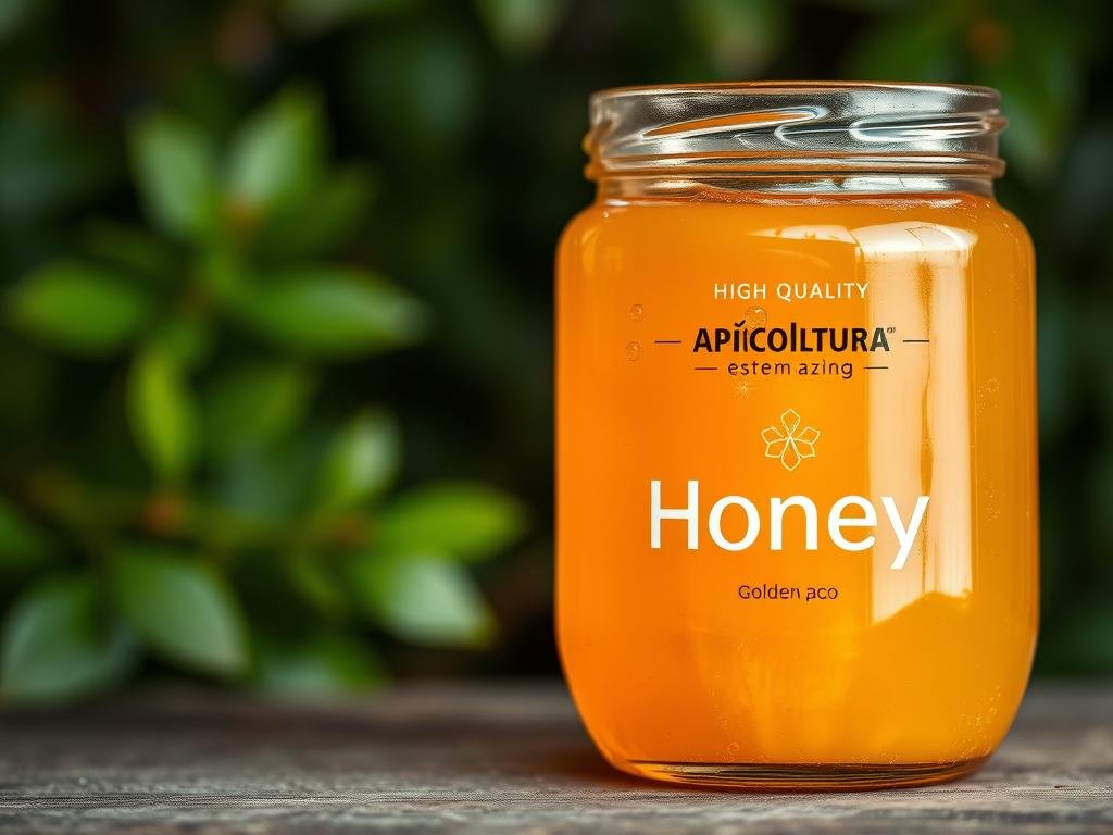 A close-up of a glass jar filled with high-quality, golden honey from the Apicoltura brand. The jar is positioned on a rustic wooden surface, with a backdrop of blurred, lush greenery. The lighting is soft and natural, highlighting the honey's rich, viscous texture and the delicate bubbles suspended within. The overall scene conveys a sense of purity, artisanal craftsmanship, and the care that goes into producing a superior quality honey.