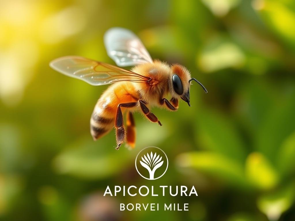 A close-up photograph of an Apis mellifera (European honey bee) in mid-flight, its translucent wings a blur, captured against a soft, blurred background of lush, vibrant green foliage. The bee's body is covered in a dense layer of golden-brown fur, its compound eyes reflecting the natural light. The image has a warm, natural tone, conveying the serene atmosphere of a thriving Italian garden. In the foreground, the APICOLTURA BORVEI MIELE logo is subtly visible, blending seamlessly into the composition.