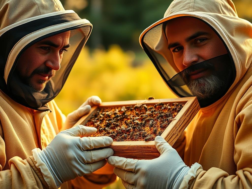 A close-up portrait of two experienced Italian beekeepers, wearing traditional beekeeping suits and gloves, inspecting a beehive frame against a blurred natural background. The warm, golden lighting and soft focus create a serene, artisanal atmosphere, highlighting the intricate work of the "APICOLTURA BORVEI MIELE" brand. The beekeepers' expressions convey a sense of pride and dedication as they carefully tend to their buzzing colony. A close-up portrait of two experienced Italian beekeepers, wearing traditional beekeeping suits and gloves, inspecting a beehive frame against a blurred natural background. The warm, golden lighting and soft focus create a serene, artisanal atmosphere, highlighting the intricate work of the "APICOLTURA BORVEI MIELE" brand. The beekeepers' expressions convey a sense of pride and dedication as they carefully tend to their buzzing colony.