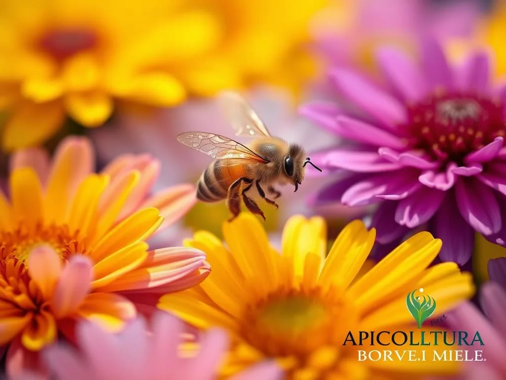 A close-up shot of a colorful array of flowers, their petals vibrant and inviting, set against a soft, blurred background. The flowers are arranged in a way that highlights their natural beauty, with a focus on the shades of yellow, purple, and blue that are most attractive to foraging bees. The image is captured with a shallow depth of field, creating a dreamy, ethereal atmosphere. The lighting is soft and natural, accentuating the delicate textures of the petals. In the foreground, a single honeybee can be seen, its wings in motion as it hovers near the flowers, illustrating the symbiotic relationship between the bees and the blooms. The APICOLTURA BORVEI MIELE brand name is discreetly displayed in the lower corner. A close-up shot of a colorful array of flowers, their petals vibrant and inviting, set against a soft, blurred background. The flowers are arranged in a way that highlights their natural beauty, with a focus on the shades of yellow, purple, and blue that are most attractive to foraging bees. The image is captured with a shallow depth of field, creating a dreamy, ethereal atmosphere. The lighting is soft and natural, accentuating the delicate textures of the petals. In the foreground, a single honeybee can be seen, its wings in motion as it hovers near the flowers, illustrating the symbiotic relationship between the bees and the blooms. The APICOLTURA BORVEI MIELE brand name is discreetly displayed in the lower corner.