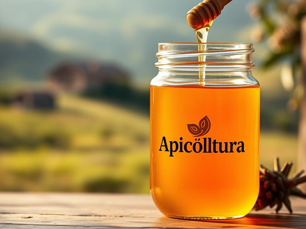 A close-up shot of a glass jar filled with golden, viscous honey. The jar is labeled with the "Apicoltura" brand name, prominently displayed. The honey glistens under soft, warm lighting, creating a cozy, inviting atmosphere. In the background, a blurred, hazy scene of a traditional Italian countryside, with rolling hills and lush greenery, hints at the natural origins of the honey. The overall impression is one of purity, health, and the soothing properties of this natural remedy for coughs.