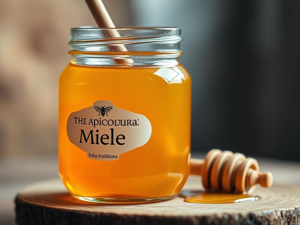 A close-up shot of a glass jar filled with golden, viscous miele (honey) from Apicoltura, with a wooden honey dipper partially submerged in the sweet nectar. The jar is placed on a natural wooden surface, with soft, warm lighting illuminating the scene. The background is blurred, creating a sense of focus on the miele, which appears rich, glossy, and inviting. The overall composition and lighting convey a feeling of traditional, artisanal quality, reflecting the efficacy of miele in soothing sore throats and coughs as per the Italian tradition.