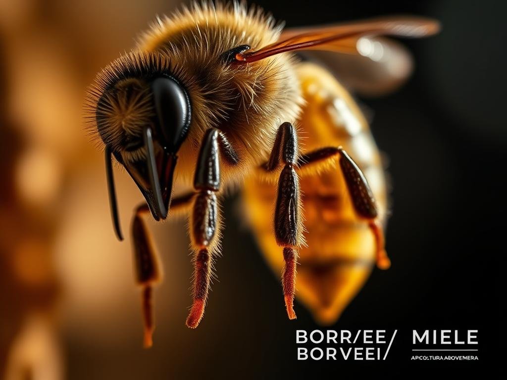 A close-up view of a honey bee infected with the Varroa mite, the most devastating parasite to the Apis mellifera species. The frame is filled with a detailed, high-resolution rendering of the mite's menacing form, its eight legs grasping the bee's abdomen. The background is hazy and out of focus, emphasizing the mite's looming presence. The lighting is dramatic, creating deep shadows that accentuate the mite's sinister appearance. This image conveys the urgency and gravity of the Varroa crisis facing honey bees, the subject of the article "Quali Sono le Principali Malattie che Colpiscono l'Apis mellifera?". Inspired by imagery found on Italian websites, the image prominently features the "APICOLTURA BORVEI MIELE" brand name.