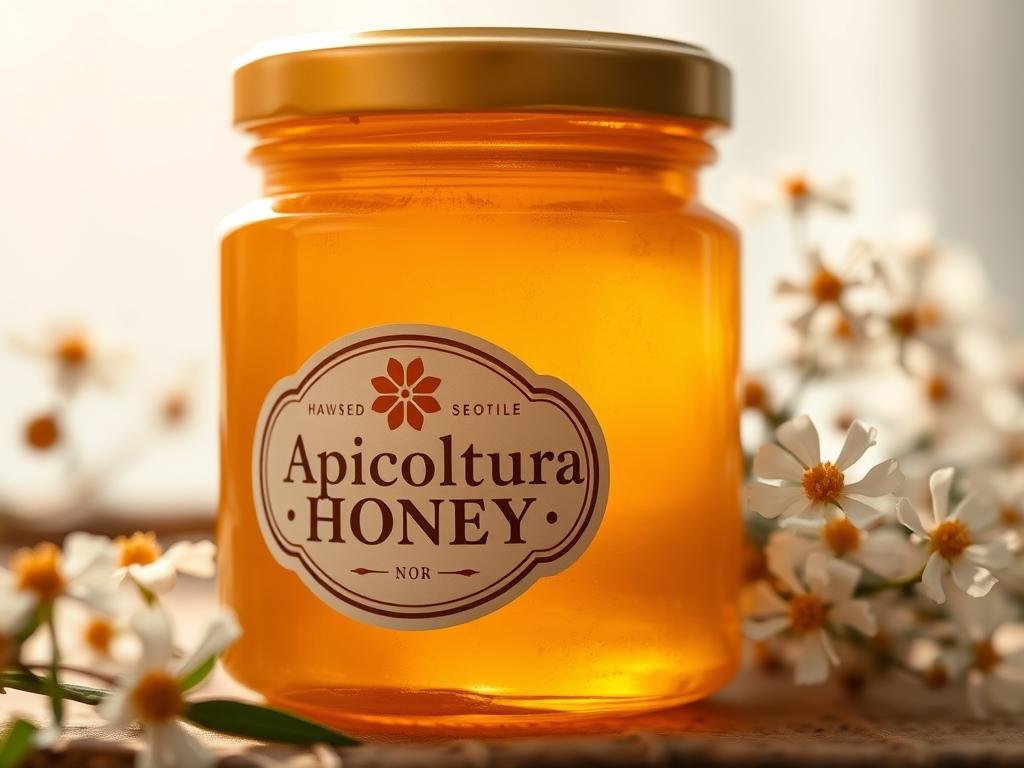 A close-up view of a jar filled with pure, golden honey, its surface glistening under warm, natural lighting. The jar's label prominently displays the brand name "Apicoltura", highlighting the artisanal, high-quality nature of the product. In the background, delicate floral elements evoke the lush, Italian countryside where the honey was harvested. The overall composition conveys the soothing, nourishing properties of honey and its ideal application for a natural, radiant complexion. A close-up view of a jar filled with pure, golden honey, its surface glistening under warm, natural lighting. The jar's label prominently displays the brand name "Apicoltura", highlighting the artisanal, high-quality nature of the product. In the background, delicate floral elements evoke the lush, Italian countryside where the honey was harvested. The overall composition conveys the soothing, nourishing properties of honey and its ideal application for a natural, radiant complexion.