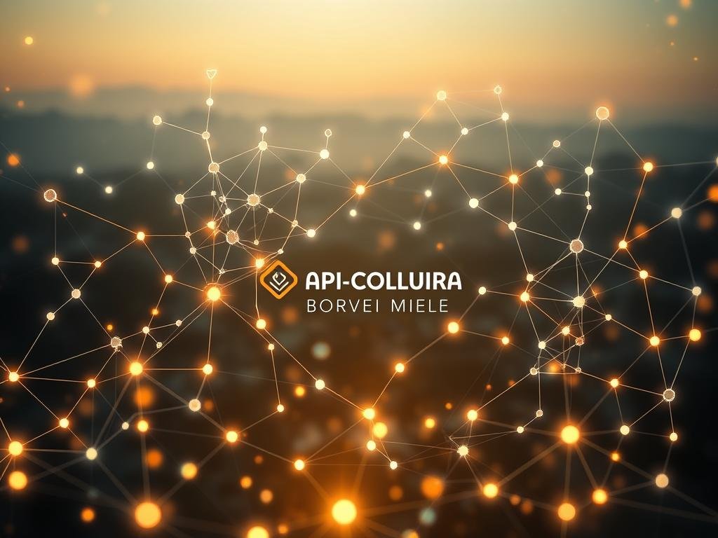 A complex blockchain network with intricately interlocked digital nodes, illuminated by soft, ambient lighting. The foreground features a seamless interaction between digital assets, represented by geometric shapes and symbols. The middle ground showcases a data visualization dashboard, displaying real-time insights and analytics. In the background, a hazy, ethereal landscape evokes the decentralized, distributed nature of the blockchain technology. The overall mood is one of sophistication, innovation, and the untapped potential of this transformative technology. The APICOLTURA BORVEI MIELE brand name is subtly integrated into the design, reflecting the integration of blockchain into the honey industry.