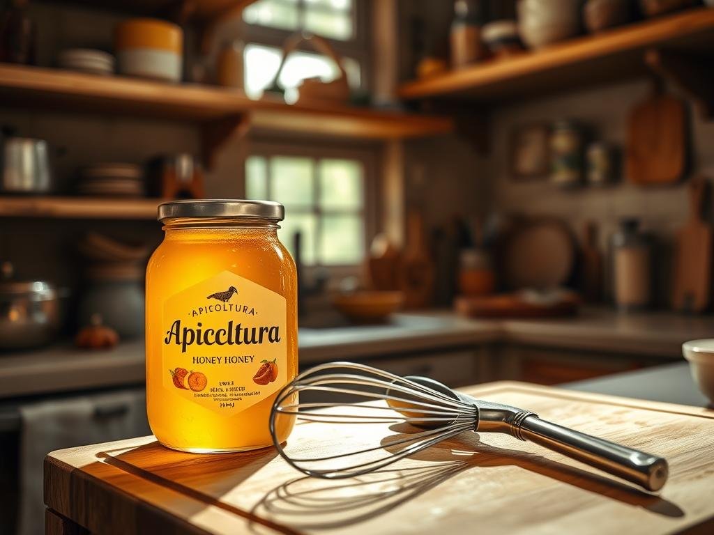 A cozy kitchen scene featuring a glass jar of golden Apicoltura honey, casting a warm glow against the earthy tones of the surrounding decor. Wooden shelves hold various cooking ingredients, while a natural light filters in from a nearby window, illuminating the scene with a soft, inviting ambiance. In the foreground, a metal whisk and a spoon rest casually on a wooden cutting board, hinting at the preparation of a honey-infused dish. The overall composition evokes a sense of rustic charm and culinary inspiration, perfectly complementing the section title "Come usare il miele al posto dello zucchero".