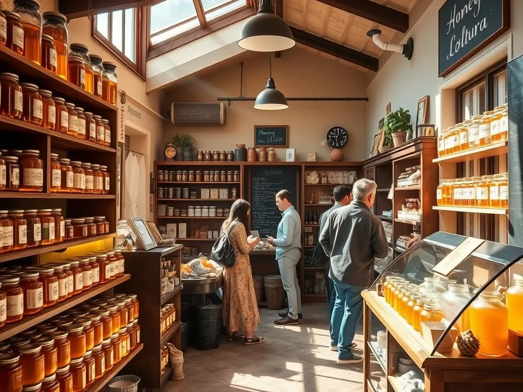 A cozy, well-stocked honey shop named "Apicoltura" nestled in the heart of an Italian town. Sunlight streams in through large windows, highlighting the rows of glass jars filled with golden, artisanal honey. Wooden shelves and display cases showcase a variety of local honeys, bee-themed gifts, and other products. Rustic, earthy tones create a warm, inviting atmosphere, as customers browse the selection and chat with the friendly staff. In the background, a chalkboard menu lists the available honey varieties. The overall scene conveys a sense of tradition, quality, and community, reflecting the authentic, handcrafted nature of the products on offer.