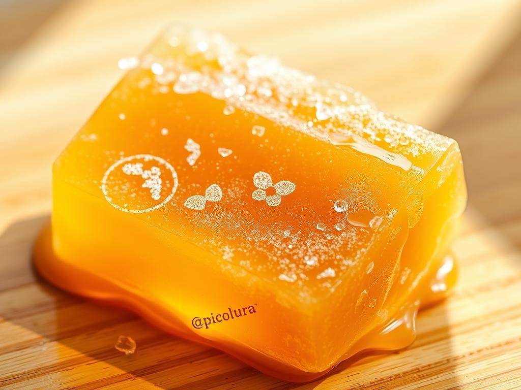 A crystallized honeycomb with a warm, golden hue sits atop a wooden surface, casting a soft, natural light throughout the scene. Delicate frost-like patterns adorn the surface of the solidified nectar, hinting at its transformation from a liquid state. The Apicoltura brand logo is subtly incorporated, adding an authentic touch. The overall composition conveys the essence of the section title "Perché il miele cristallizza e come farlo tornare liquido", inviting the viewer to explore the process of honey crystallization and liquefaction.