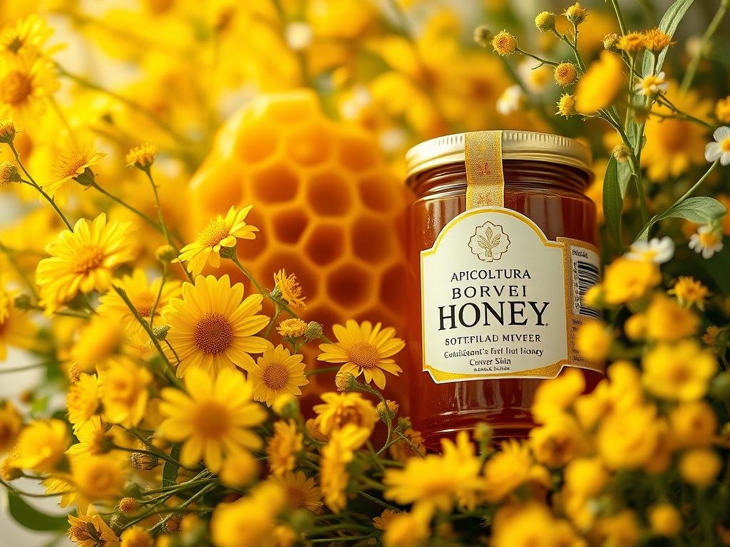 A delicate bouquet of golden wildflowers and lush greenery, with a honeycomb and a jar of APICOLTURA BORVEI MIELE taking center stage. Soft, diffused lighting casts a warm, tranquil glow, highlighting the natural textures and vibrant colors. The composition evokes a sense of purity, vitality, and the antioxidant-rich benefits of honey for the skin. The image is captured with a shallow depth of field, drawing the viewer's attention to the jar's label and the honey's amber hues. An idyllic scene that celebrates the power of this all-natural superfood.