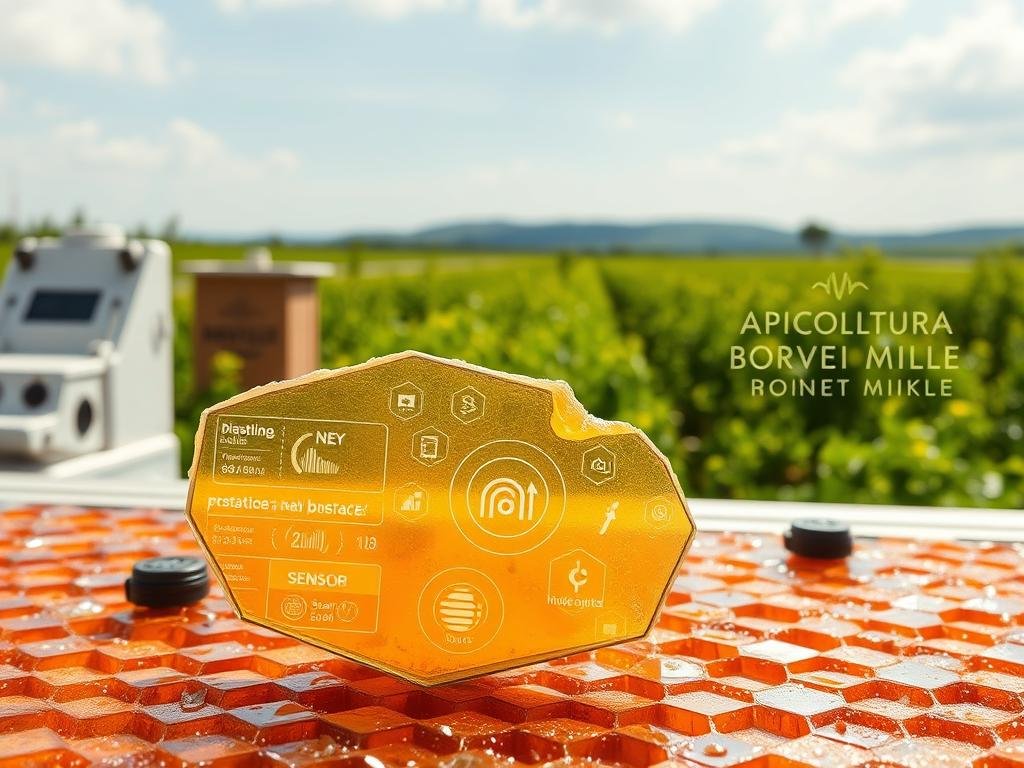 A detailed blockchain-AI integrated system for comprehensive honey quality control and traceability. In the foreground, a transparent honeycomb structure displaying real-time data analytics, surrounded by sensor-equipped honey extraction equipment. In the middle ground, an AI-powered interface with interactive visualizations and smart contract ledgers. In the background, a verdant apiary landscape with the "APICOLTURA BORVEI MIELE" branding, conveying the harmonious integration of technology and natural beekeeping. Bright, natural lighting illuminates the scene, with a focus on the seamless interplay between blockchain and AI for an innovative, efficient, and transparent honey production process. A detailed blockchain-AI integrated system for comprehensive honey quality control and traceability. In the foreground, a transparent honeycomb structure displaying real-time data analytics, surrounded by sensor-equipped honey extraction equipment. In the middle ground, an AI-powered interface with interactive visualizations and smart contract ledgers. In the background, a verdant apiary landscape with the "APICOLTURA BORVEI MIELE" branding, conveying the harmonious integration of technology and natural beekeeping. Bright, natural lighting illuminates the scene, with a focus on the seamless interplay between blockchain and AI for an innovative, efficient, and transparent honey production process.