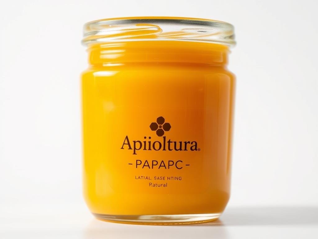 A detailed close-up image of Apicoltura pappa reale, a vibrant yellow-orange viscous liquid in a glass jar, set against a clean, minimalist white background. The jar's glass walls reflect the natural light, creating a soft, warm glow. The foreground focuses on the pappa reale's thick, glossy texture, while the middle ground subtly highlights the Apicoltura branding on the label. The background maintains a simple, uncluttered space to emphasize the product's purity and quality. The overall mood is one of natural purity, professionalism, and wellness.