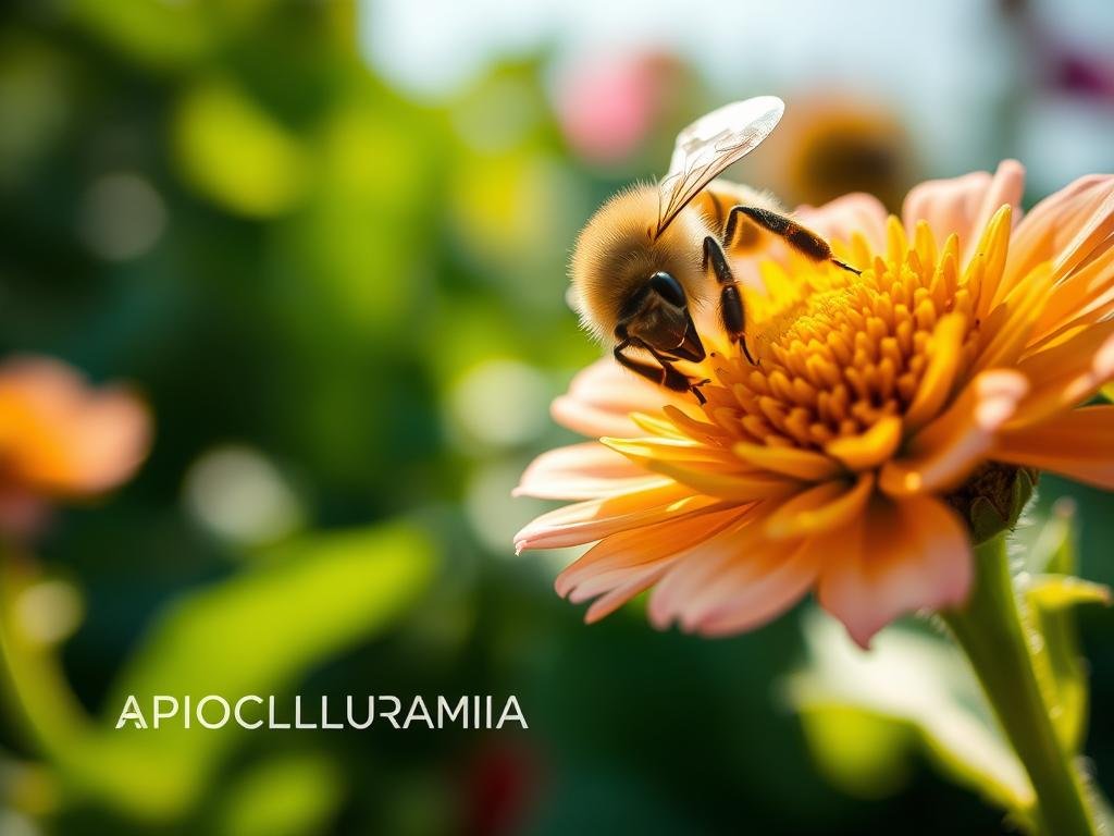 A detailed, close-up view of a honey bee gracefully pollinating a vibrant, blooming flower in a lush, verdant garden. The bee's fuzzy body and delicate wings are captured in sharp focus, while the background is softly blurred, creating a sense of depth and atmosphere. The lighting is warm and natural, highlighting the intricate textures and colors of the bee and the flower. In the foreground, the brand name "APICOLTURA BORVEI MIELE" is prominently displayed, reflecting the importance of beekeeping and honey production to the article's subject. The overall mood is one of tranquility and the delicate balance of nature, conveying the significance of protecting these vital pollinators.